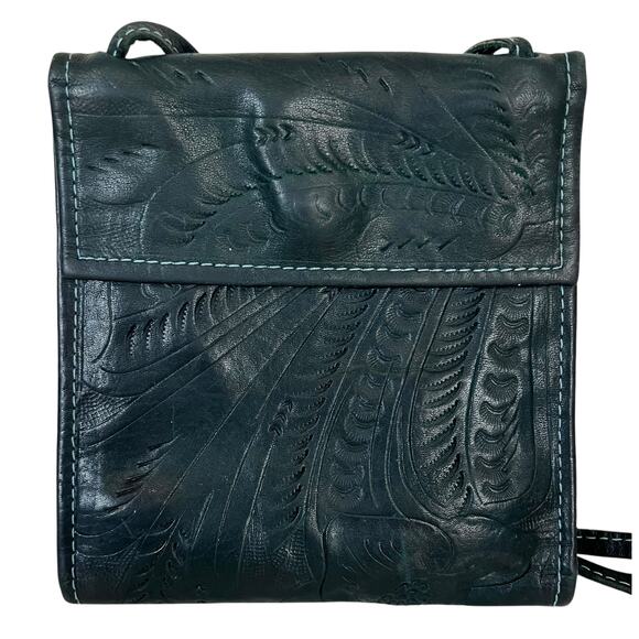 J.L. SALDIVAR Tooled Leather Purse Trifold Crossbody Boho Western Blue - Picture 3 of 11